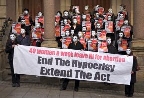 A demonstration in Northern Ireland dramatizes the fact that 40 women per week travel to England to obtain an abortion