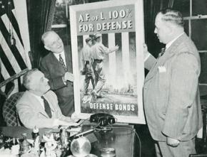 Clockwise from bottom left: Franklin Delano Roosevelt, AFL President William Green and Secretary-Treasurer George Meany in the Oval Office