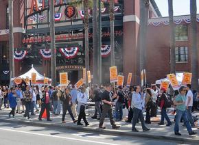 Members of UNITE HERE Local 2 on the picket line during their one-day strike